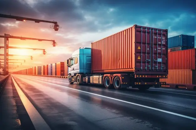 The image depicts a large semi-truck, or freight truck, traveling down a winding road. The truck has a long, rectangular trailer attached to the cab, designed to carry a significant amount of cargo. Freight Truck on the road